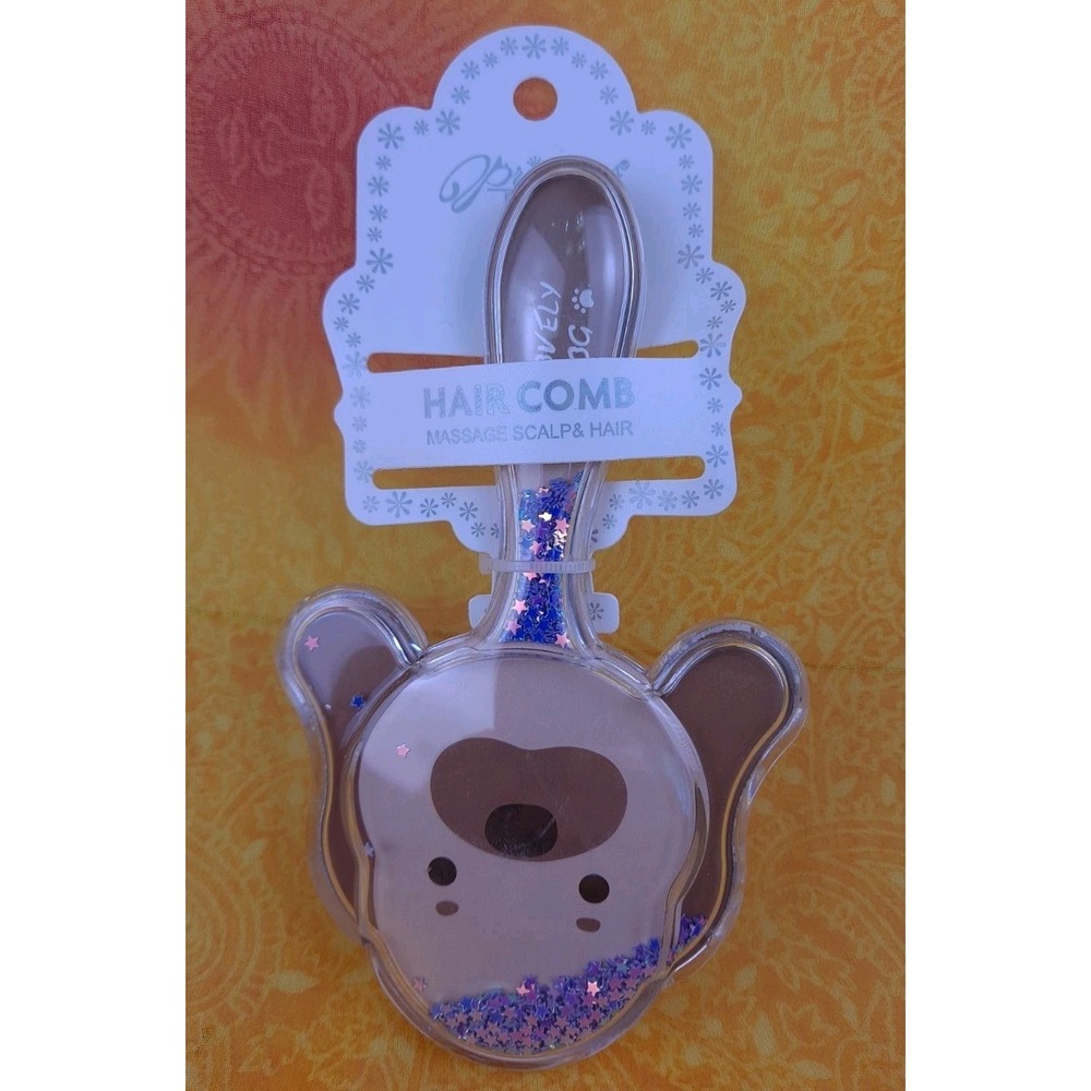 Glitter Dog Shaped Hair Comb Brown Dog With Purple Glitter Massage Scalp